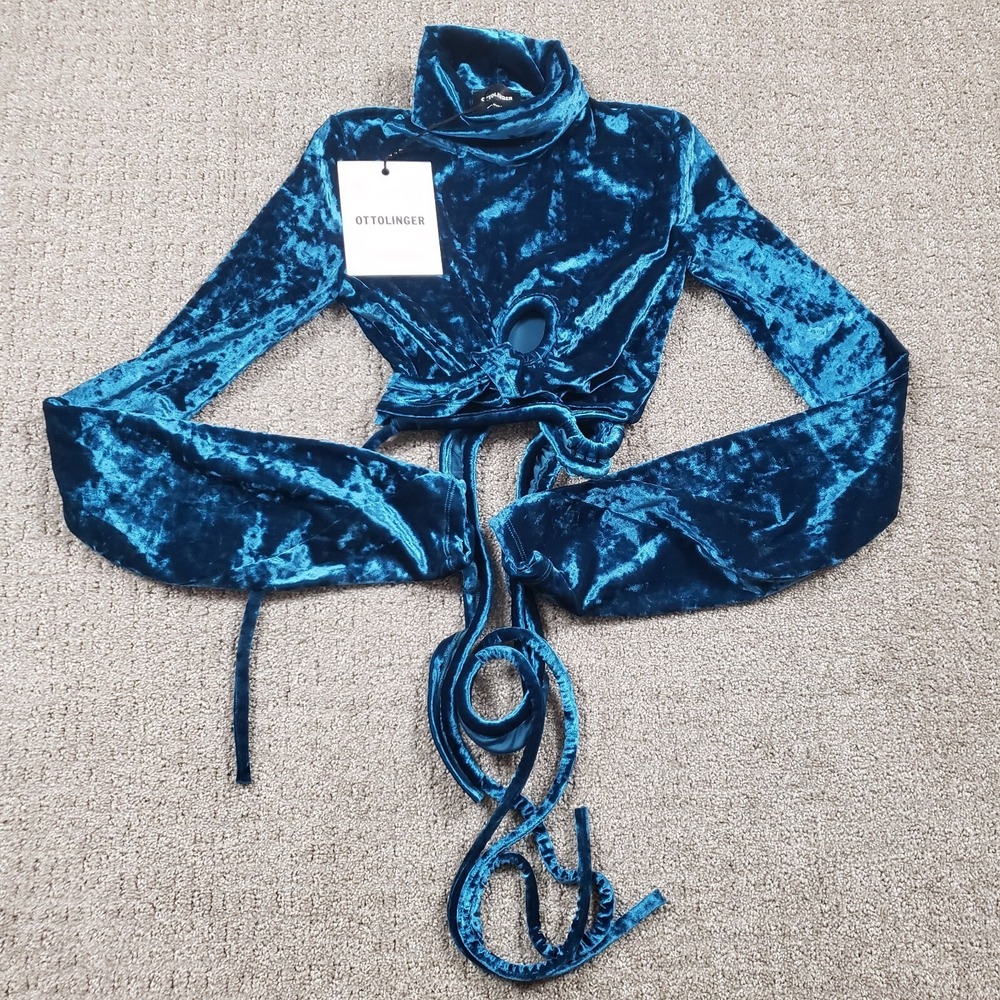 Ottolinger Velvet Wrap Loop Turtleneck Top Womens L Blue Avant Garde Rave Club